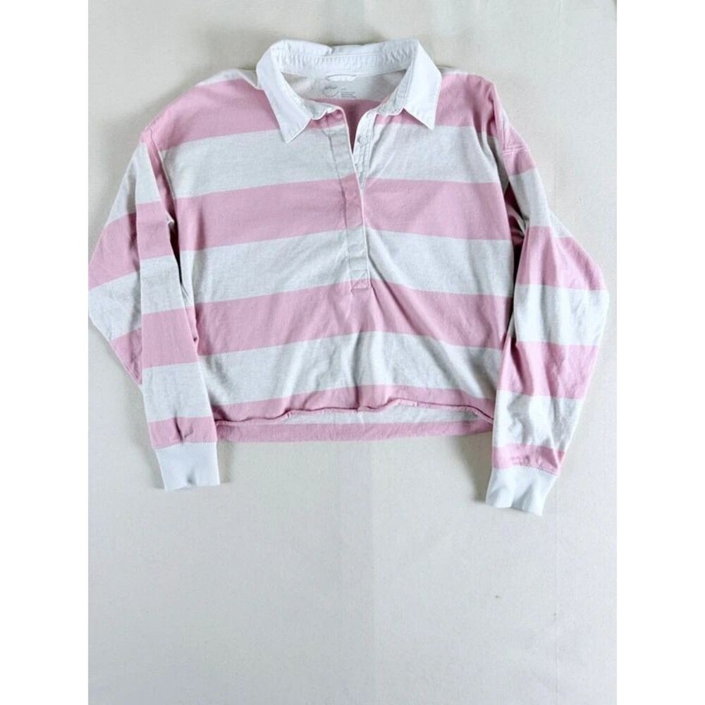 Title: Aerie Pink & White Striped Cropped Rugby Polo Top Size S